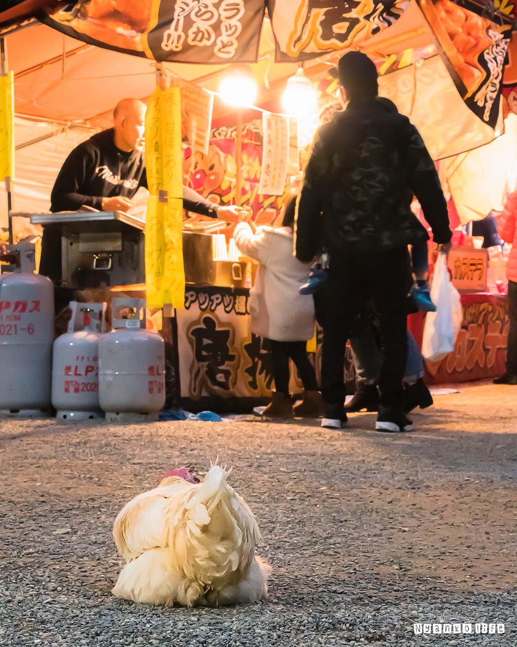 作品：まち：熱田神宮の出店と人とニワトリ 20200109