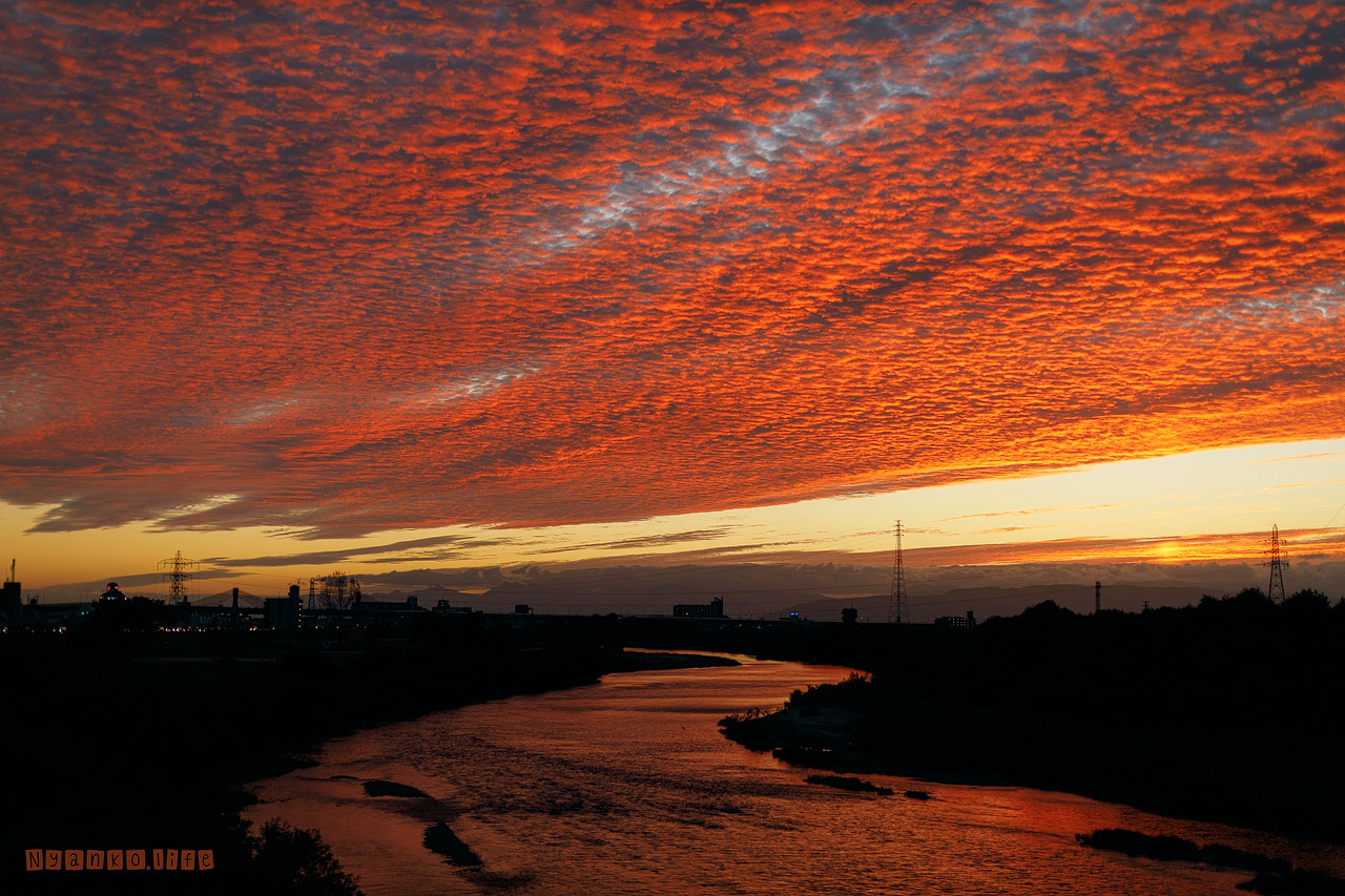 作品：みず：みごとな夕焼け色の鰯雲と庄内川 20221011